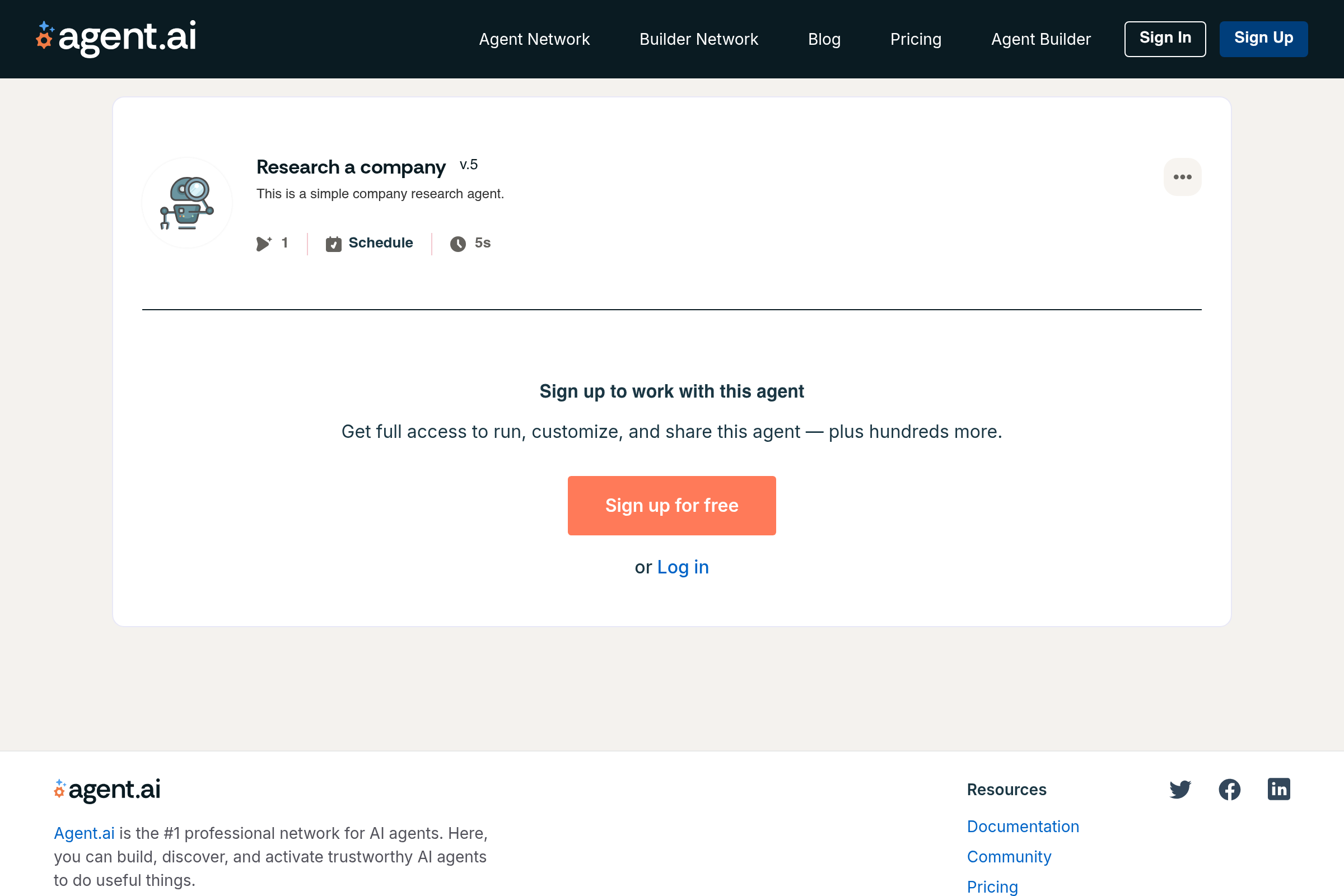 A community-built agent listing — the structure shows what users get when they fork: input fields, prompt structure, and the run/edit affordance. This is the unit of distribution on Agent.ai.