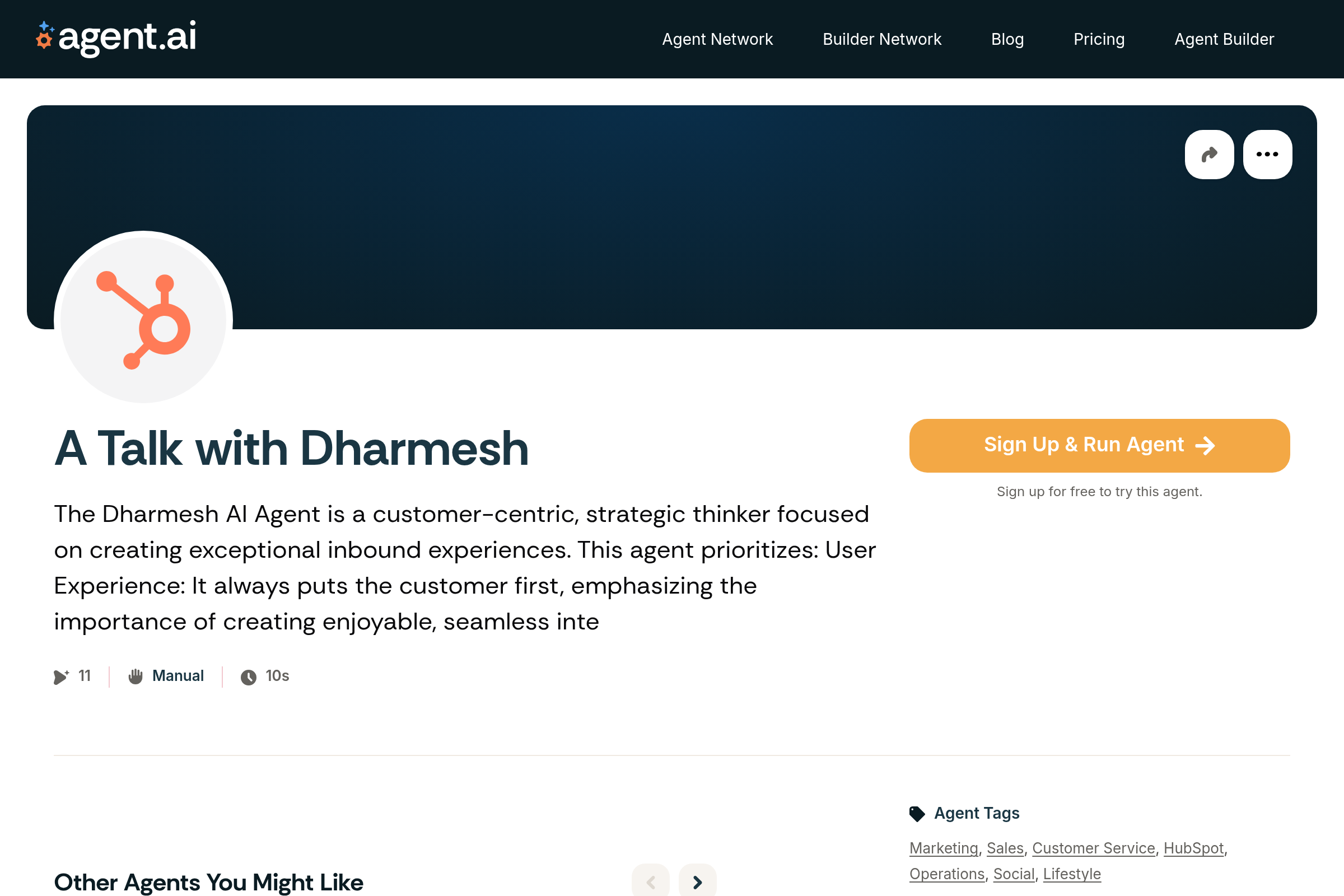 Dharmesh Shah's profile (HubSpot CTO, Agent.ai founder). The platform's network effect runs partly through founder presence — visible adoption from his orbit signals quality to new users.