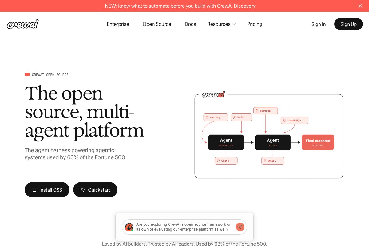 CrewAI's open-source framework page — Python-first, MIT-licensed, with the same Crew/Agent/Task primitives shown across documentation and examples.