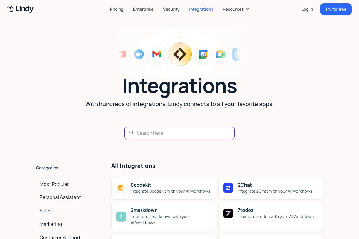 Lindy's integrations catalog — 100+ native connectors with auth handled. The depth on HubSpot, Outlook, and Slack is what makes Lindy the right default for B2B teams living inside those tools.