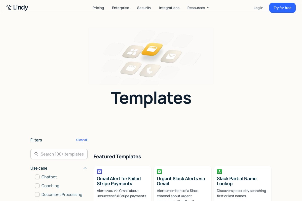 The Lindy template hub — pre-wired agents for inbound qualification, meeting prep, support triage. Templates ship with prompts and tool selections, which is why first-deploys are measured in hours, not weeks.