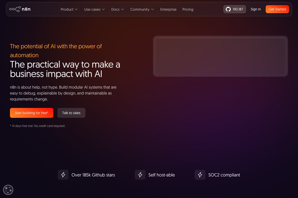 n8n's dedicated AI / agent landing page — agents, RAG, and chat as first-class concepts in the workflow engine.