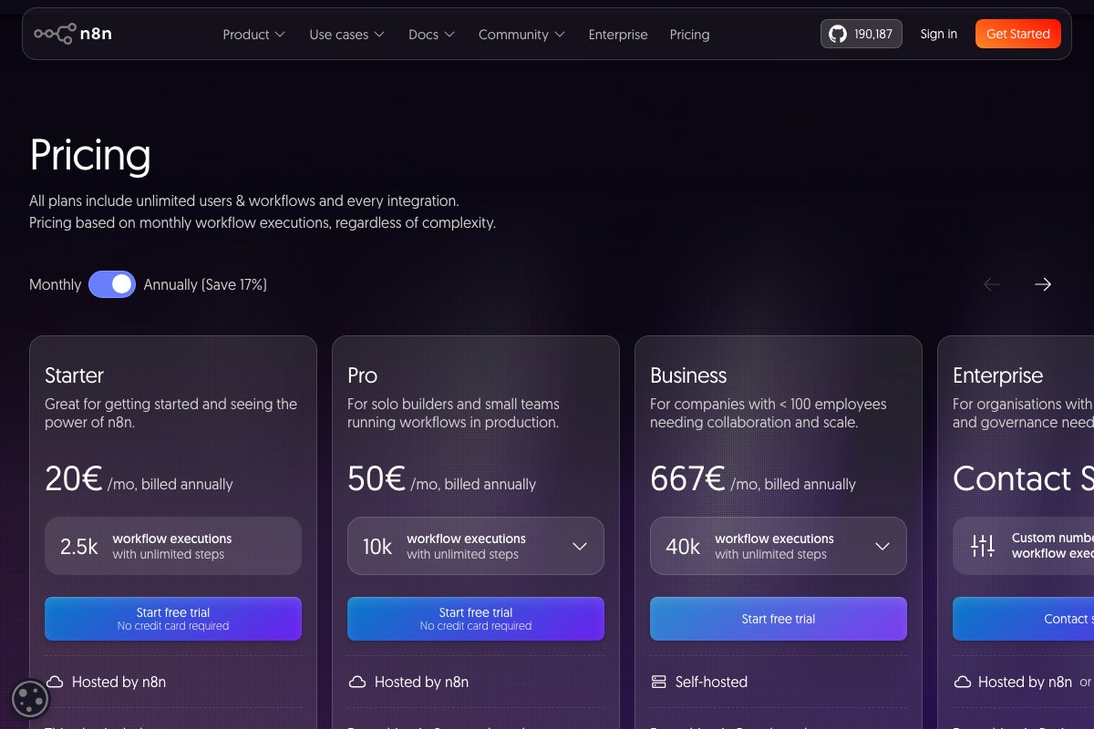 n8n Cloud pricing — Starter $20, scaling with executions. Self-host remains the dominant cost optimization at volume.