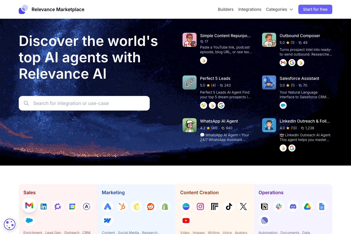 The Relevance AI agent marketplace — pre-built agents for sales, marketing, and ops roles. The catalog leans heavily toward revenue use cases, which is also the strongest signal of who the product is built for.