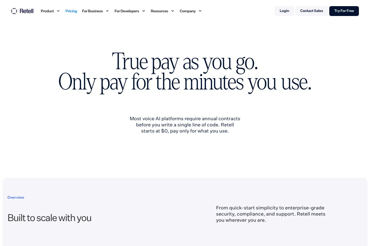Retell pricing page — usage-based per voice minute. The per-minute economics make the platform competitive against human contact-center agents almost everywhere.